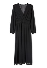 Abito lungo nero a maniche lunghe in tessuto leggero con scollatura a V profonda, vita arricciata e gonna fluente. La trasparenza del tessuto aggiunge profondità al design.