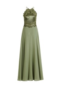 Długa oliwkowozielona sukienka z teksturowaną koronkową górą z falbanką i dekoltem typu halter. Gładki, swobodnie opadający materiał doskonale uzupełnia projekt.