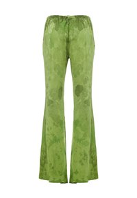 Pantaloni a zampa d'elefante verde tie-dye con elastiche in vita, realizzati in tessuto leggero; presentano una texture liscia e diverse tonalità di verde.