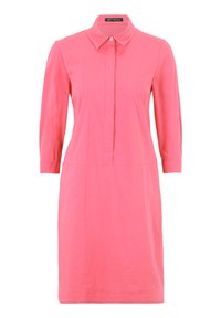 Abito rosa in cotone con colletto, maniche lunghe e chiusura a bottoni frontale. Tessuto liscio, design fino al ginocchio.