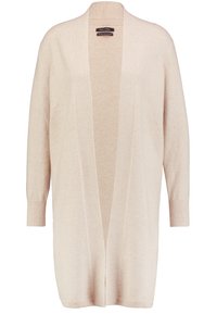 Long beige open-front cardigan with long sleeves and ribbed cuffs, made of cotton wool stretch fabric.