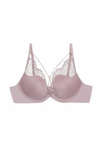 Lace and satin bra in soft pink, featuring a floral lace design on cups, adjustable straps, and a V-shaped gold accent at the center.
