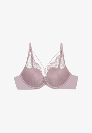 Różowy stanik z koronką i satyną, z kwiecistym wzorem koronki na miseczkach, regulowanymi ramiączkami oraz złotym akcentem w kształcie V na środku.