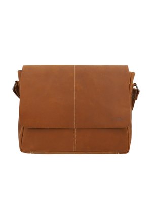 Braune Leder-Umhängetasche mit Frontklappe, verstellbarem Schultergurt und sichtbaren vertikalen Nähten in der Mitte.