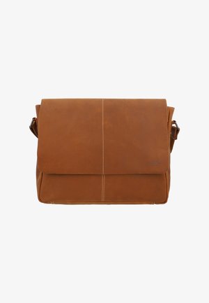 Braune Leder-Umhängetasche mit Frontklappe, verstellbarem Schultergurt und sichtbaren vertikalen Nähten in der Mitte.