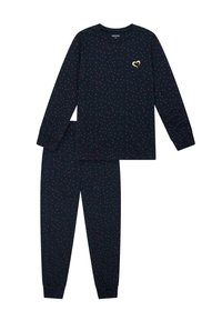 Marineblauw pyjama set met een langmouwen top met rode en witte stippen, en elastische broeken met bijpassende patronen. Gouden hartaccent.