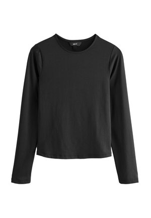 Sort langærmet t-shirt med rund hals og lige kant, lavet af glat stof, vist på hvid baggrund.