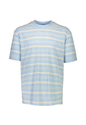 Helles blaues T-Shirt mit kurzen Ärmeln und horizontalen weißen Streifen. Aus weichem Stoff, mit Rundhalsausschnitt und lockerer Passform.