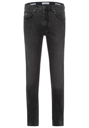 Schwarze Denim-Jeans mit Slim-Fit. Verfügt über fünf Taschen, kontrastierende Nähte und einen Bund mit Gürtelschlaufen. Glatte Textur.