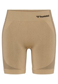 Beige atletiek shorts met een geribde tailleband, ademende mesh accenten aan de zijkanten en een strakke pasvorm. Logo geplaatst op de tailleband.