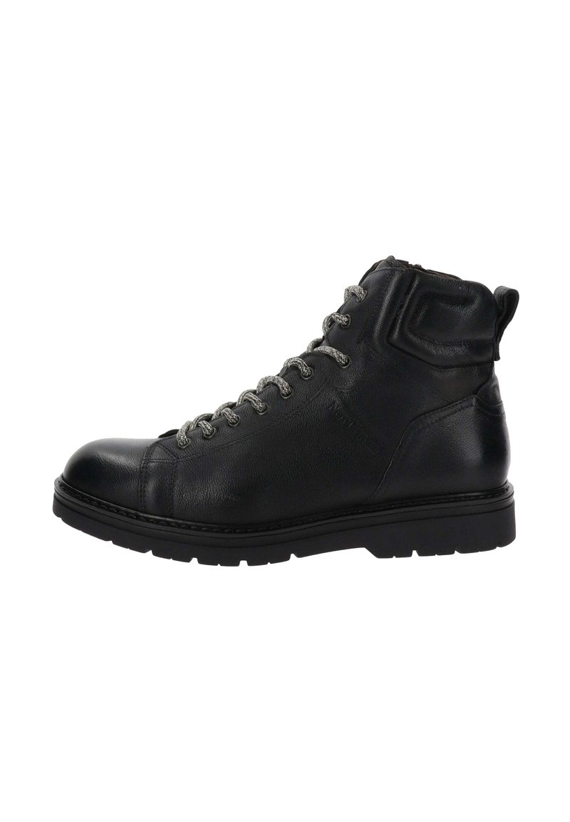 Bottines en cuir noir avec une finition texturée, bout rond, col rembourré et lacets gris. Elles disposent d'une semelle en caoutchouc noir robuste.
