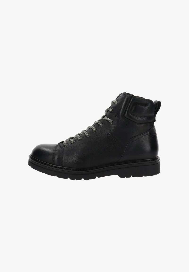 Bottines en cuir noir avec une finition texturée, bout rond, col rembourré et lacets gris. Elles disposent d'une semelle en caoutchouc noir robuste.
