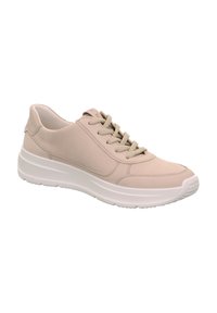 Beige Leder Sneaker mit strukturierten cremefarbenen Schnürsenkeln, weißer Gummisohle und runder Zehenpartie. Minimalistisches Design mit dezenten Nähten.