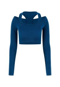 Niebieski długi rękaw crop top z dekoltem na ramionach, prążkowaną teksturą i skrzyżowanymi ramiączkami na plecach. Elastyczny materiał zapewniający dopasowany wygląd.