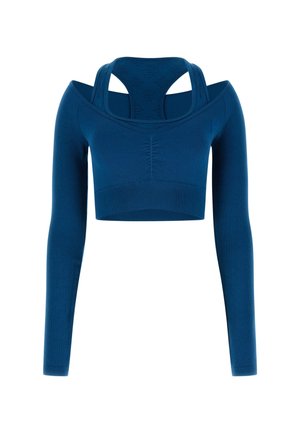 Crop top blu con maniche lunghe, design off-shoulder, texture a costine e spalline incrociate sulla schiena. Materiale elasticizzato per un look aderente.