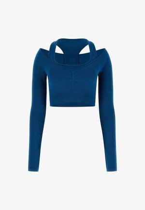 Crop top blu con maniche lunghe, design off-shoulder, texture a costine e spalline incrociate sulla schiena. Materiale elasticizzato per un look aderente.