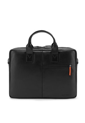 Black leather briefcase with dual handles, rectangular shape, features a front zippered pocket with an orange pull tab, minimalistic design.