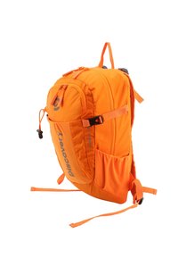 Oranger Rucksack mit strukturiertem Finish, verstellbaren Trägern und mehreren Reißverschlusstaschen. Verfügt über eine seitliche Netztasche und einen oberen Griff.