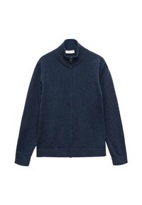 Cardigan zippé bleu marine avec col montant, fabriqué en tissu doux, doté de manches longues et d'un ourlet droit avec des poignets et un bas côtelés.
