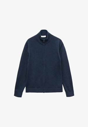 Cardigan zippé bleu marine avec col montant, fabriqué en tissu doux, doté de manches longues et d'un ourlet droit avec des poignets et un bas côtelés.
