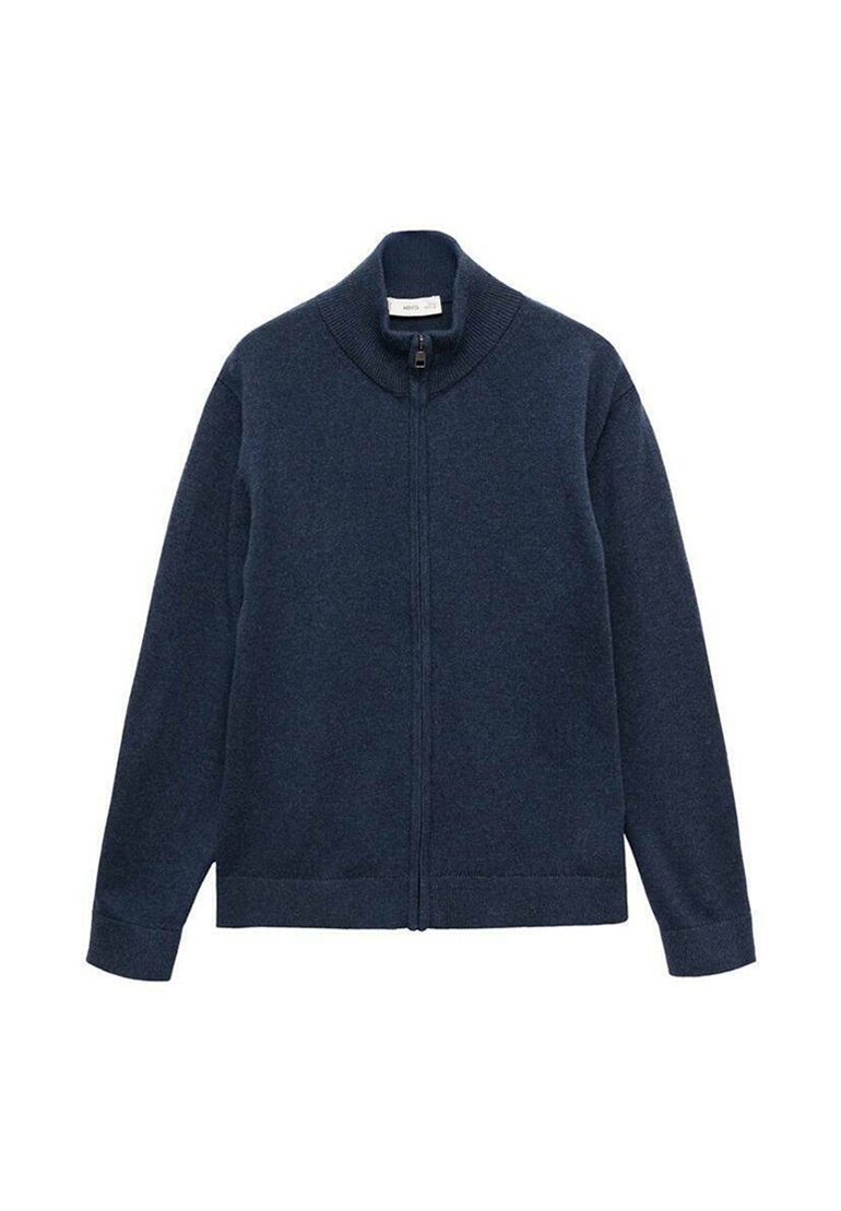 Cardigan zippé bleu marine avec col montant, fabriqué en tissu doux, doté de manches longues et d'un ourlet droit avec des poignets et un bas côtelés.