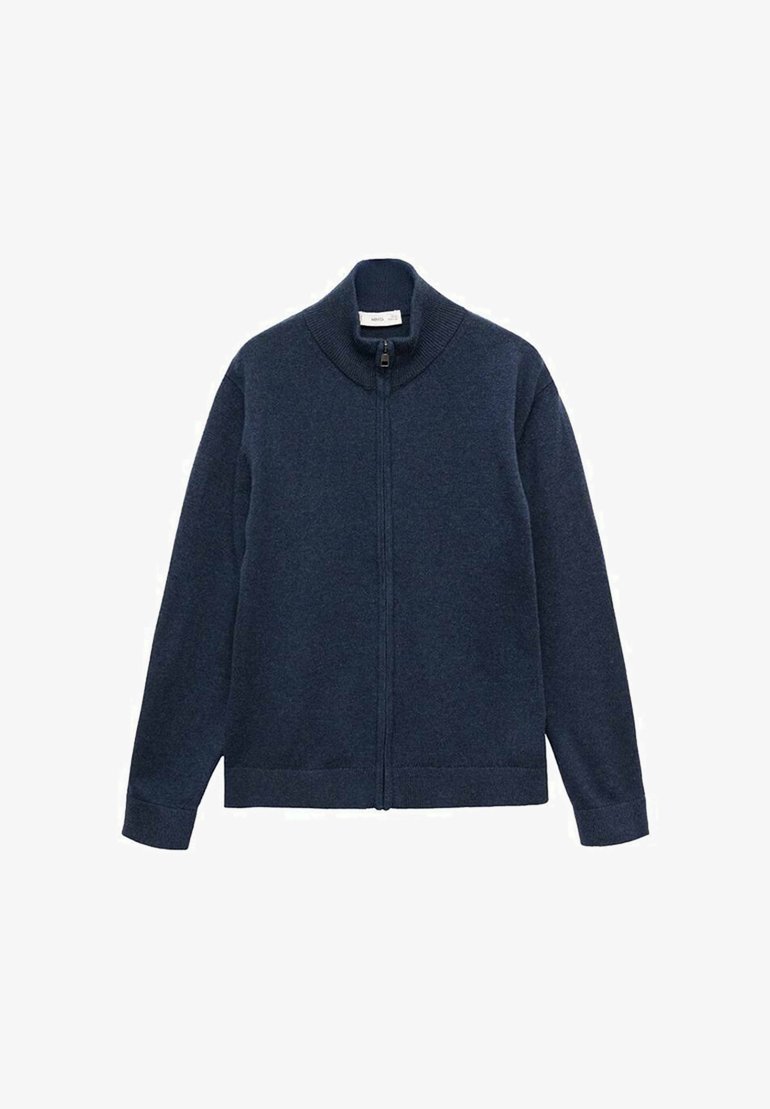 Navyblauwe zip-up cardigan met hoge kraag, gemaakt van zachte stof, met lange mouwen en een rechte zoom met geribbelde manchetten en onderrand.