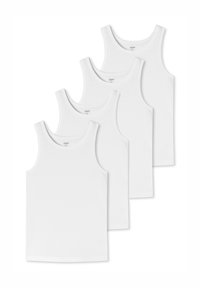 Weiße Baumwoll-Tanktops im vierer Pack, mit Rundhalsausschnitt und breiten Schulterträgern, aus glattem, weichem Material.