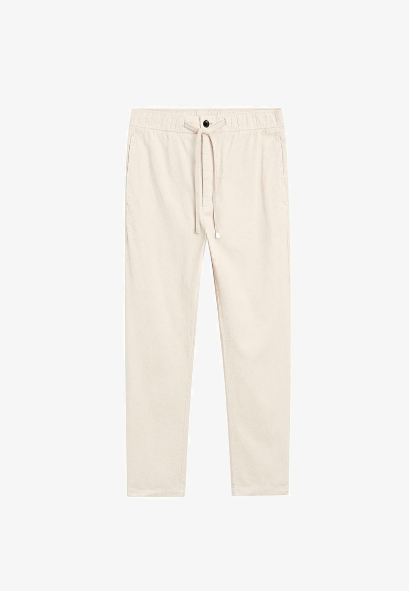 Beige, lette bomuldsbukser med elastisk talje, forlommer og knaplukning, med en glat overflade.