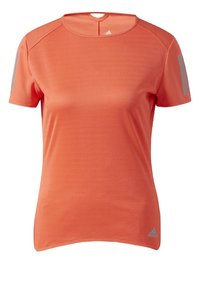 Pomarańczowa sportowa koszulka z krótkim rękawem, okrągłym dekoltem i subtelną teksturą. Posiada szare akcenty na ramionach oraz małe logo u dołu.