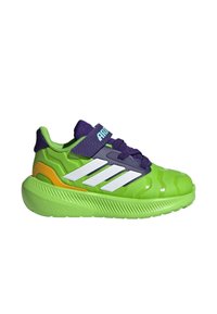 Green athletic shoes with a glossy finish, featuring purple accents and three white stripes. Textured rubber sole and adjustable strap.