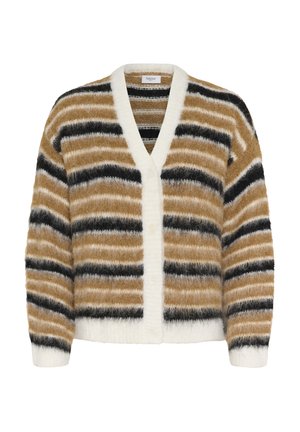 Cárdigan de rayas con escote en V, en colores marrón, beige y negro, hecho de un material suave y peludo, con cierre de botones y puños acanalados.