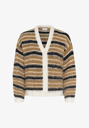 Svītrains kardigans ar V-veida izgriezumu, brūnās, bēšās un melnās krāsās, izgatavots no mīksta, pūkaina materiāla ar pogu aizdari un ribveida aprocēm.