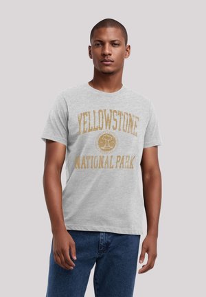 Graues Baumwoll-T-Shirt mit "YELLOWSTONE NATIONAL PARK" in goldenen Buchstaben, Rundhalsausschnitt, kurzen Ärmeln und lässiger Passform.