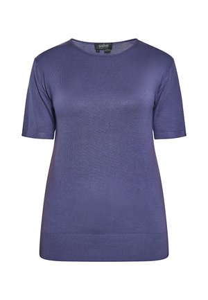 Lilla lühikeste varrukatega kootud topp ümmarguse kaelusega, millel on tekstureeritud viimistlus ja sirge äär. Mõjutusi ei ole.