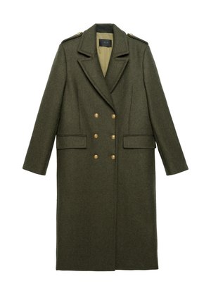 Manteau en laine vert olive avec un devant croisé, des boutons dorés, des épaulettes et deux poches latérales. Manches longues et coupe ajustée.