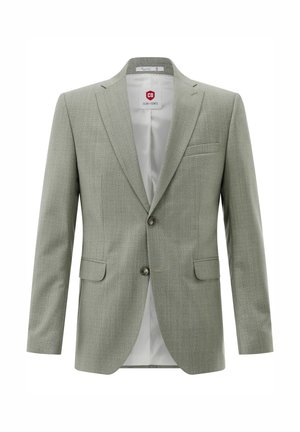 Light gray single-breasted men's blazer with two buttons, notch lapels, flap pockets, and a white inner lining.
