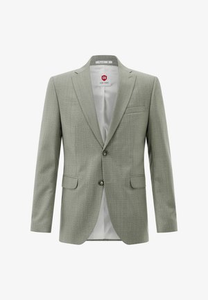 Hellgrauer, einreihiger Herrenblazer mit zwei Knöpfen, steinernen Revers, Pattentaschen und einem weißen Innenfutter.