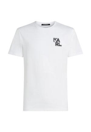 Balts kokvilnas T-kreklis ar īsām piedurknēm, apaļu kakla izgriezumu un nelielu melnu logotipu "KARL" kreisajā krūšu daļā. Gluda tekstūra.