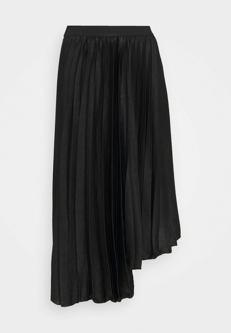 Jupe midi noire plissée avec un ourlet asymétrique et une taille ajustée.