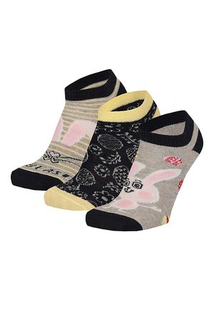 Three ankle socks in pastel colors with animal designs: a striped cat, black and yellow butterflies, and a gray sock with a pink bunny face.