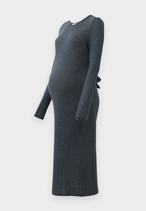Robe de maternité gris foncé à côtes, à manches longues, silhouette ajustée, détails de lien sur le côté et décolleté rond en tissu doux.