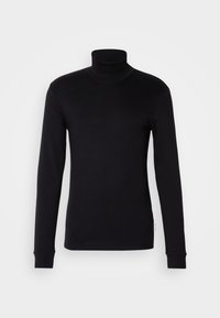 Schwarzer Rollkragenpullover aus Baumwollmischgewebe. Merkmale sind lange Ärmel, figurbetonte Form und eine glatte, dehnbare Textur. Keine Muster oder Akzente.