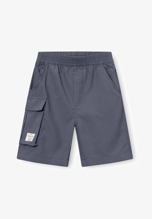 Calções cinzentos feitos de tecido leve, com cintura elástica, bolsos laterais e um bolso de carga com um rótulo. Textura suave.