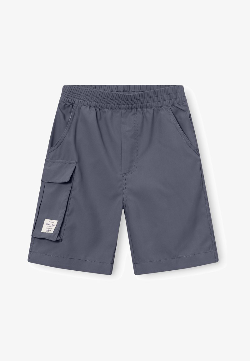 Šedé šortky z lehkého materiálu s elastickým pasem, bočními kapsami a cargo kapsou se štítkem. Hladký povrch.