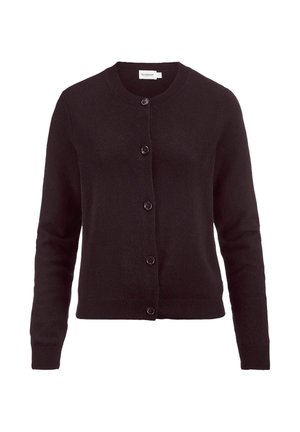 Schwarzer gestrickter Cardigan mit rundem Halsausschnitt, langen Ärmeln, gerippten Bündchen und Saum sowie fünf Knöpfen auf der Vorderseite.