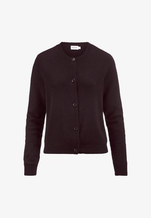 Zwart gebreid vest met ronde halslijn, lange mouwen, geribde manchetten en zoom, en vijf voorknopen.