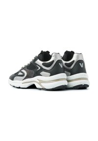 Gray and silver athletic sneakers featuring mesh panels, padded collar, textured side accents, and a white and black rubber sole.