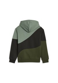 Bluza z kapturem z kolorowym blokiem w stonowanej zieleni, czerni i ciemnej oliwce. Miękka bawełniana tkanina z luźnym krojem.