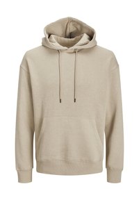 Sudadera de algodón beige con un gran bolsillo frontal, capucha ajustable con cordón, puños y dobladillo de canalé. Textura suave, diseño casual.