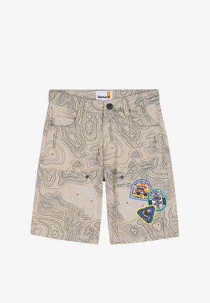 Shorts beiges avec motif topographique, cinq poches et trois patches colorés. Dotés d'une fermeture à bouton et de passants pour ceinture.